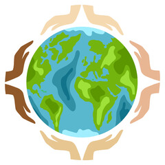 Hands of diverse people holding planet Earth. Tolerance, unity and peace metaphor. Flat Cartoon Vector Illustration.