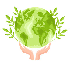 Hands holding green Earth globe with plant and leaves. Vector Illustration