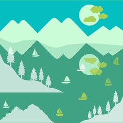 Naklejka premium winter landscape with forest lake and mountains illustration