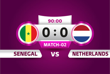 Senegal vs Netherlands, world Football 2022, Group A. World Football Competition championship match versus teams intro sport background, championship competition final poster, vector illustration.

