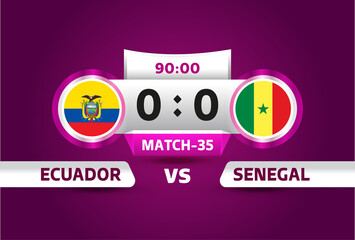 Ecuador vs Senegal, world Football 2022, Group A. World Football Competition championship match versus teams intro sport background, championship competition final poster, vector illustration.
