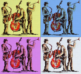 freehand drawing, musical group plays