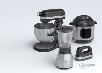 Blender for making healthy smoothie, hand mixer and multi cooker on white
