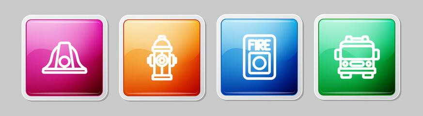 Set line Firefighter helmet, hydrant, alarm system and truck. Colorful square button. Vector