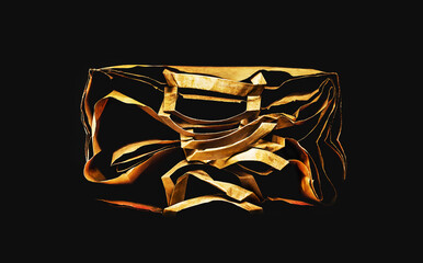 Artfully designed paper bags on a black background. Minimal design, gold color. Sustainability. Decorative composition
