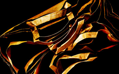 Artfully designed paper bags on a black background. Minimal design, gold color. Sustainability....