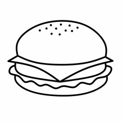 Single burger, hamburger, cheeseburger line icon in linear style isolated on white background. Pictogram symbol and illustration for logo. Thin black line vector.