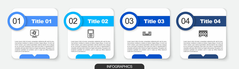 Set line Music note, tone, player, Home stereo with two speakers and Guitar amplifier. Business infographic template. Vector