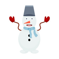 Vector snowman on a white background. A snowman with a hat and a blue scarf, red mittens. Cartoon Snowman.