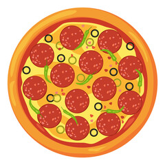 Pizza top view with salami slices. Pepperoni cartoon icon
