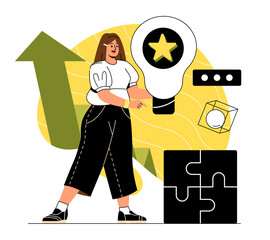 Basic human needs. Girl with light bulb in hands. Creative employee, brainstorming and insight. Entrepreneur introduces innovations in company, modern technologies. Cartoon flat vector illustration