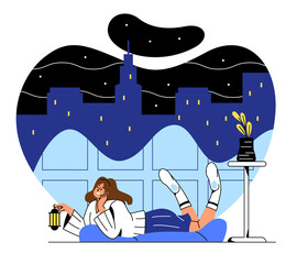Fototapeta premium Collection of dreaming people. Young girl lies on bed with lamp and represents night or evening city. Romantic character, creative personality and adventurer. Cartoon flat vector illustration