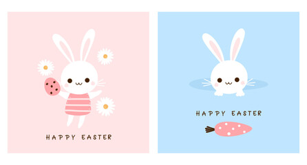 Easter bunny with egg and carrot on pink and blue background vector illustration.