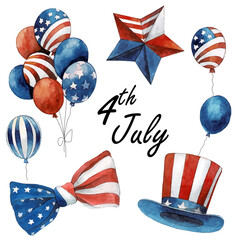 USA celebration vector national symbols set for independence day isolated on white background. Watercolor 4th July clip art. Top hat, balloons, bow, star, american flag