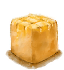 Honey toast heavy dessert bread and butter cut baked from oven watercolor painting illustration