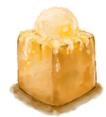 Honey toast heavy dessert bread butter vanilla ice cream syrup watercolor painting illustration