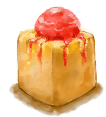 Honey toast heavy dessert bread butter strawberry ice cream and syrup watercolor painting illustration