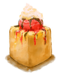 Honey toast heavy dessert bread butter strawberry ice cream and syrup watercolor painting illustration