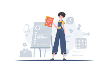 The woman is holding a contract in her hands. The character is depicted in full growth. The concept of concluding contracts. Trend style, vector illustration.