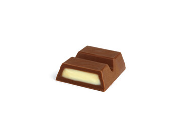 Chocolate pieces with milk filling isolated on white background.