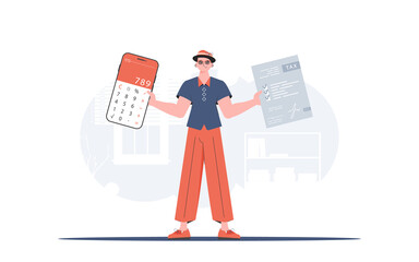 A man holds a calculator and a tax form in his hands. The concept of payment and calculation of taxes. Vector illustration.