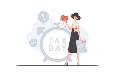 A woman holds a calculator and a tax form in her hands. The concept of payment and calculation of taxes. Vector illustration.