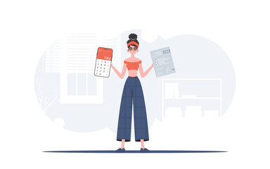 The girl is holding a calculator and a tax form in her hands. The concept of payment and calculation of taxes. Trend style, vector illustration.
