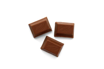 Chocolate pieces with milk filling isolated on white background.