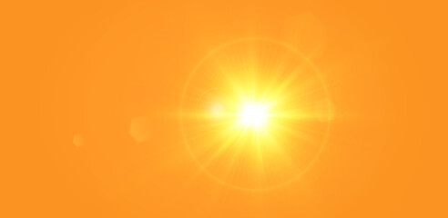 Obraz premium Warm sun on a yellow background. Leto.bliki solar rays.Оrange yellow background.