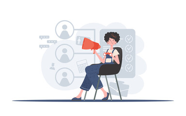 A woman sits on a chair with binoculars. Human resource. Element for presentation.