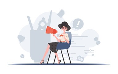 A woman is sitting on a chair holding binoculars and a loudspeaker. Human resource. Element for presentation.