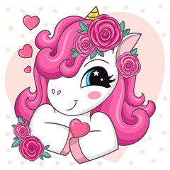 A cute, cartoon unicorn with a pink mane and roses. Holds a heart. In love. For the design of prints, posters, stickers, cups, t-shirts, cards. Vector illustration