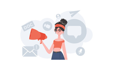 A woman stands waist-deep in her hands with a megaphone. Search. Element for presentation.