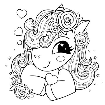 Funny cartoon unicorn with a heart. Black and white linear image. For coloring books design. prints, posters, stickers, postcards, etc. Vector