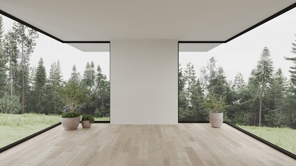 Forest view empty white scandinavian minimalist room interior design 3d render with large windows plants and wooden floor