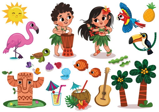 Hawaiian Clipart Set. Hawaii hula dancers, tropical animals and beach related items for summer.
