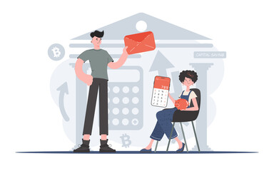 Fototapeta premium A man and a woman are holding a calculator and a piggy bank. Cash contribution. Element for presentation.