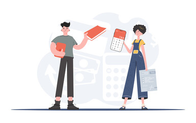 A man and a woman are standing with a book and a calculator. The study of taxes. Element for presentation.