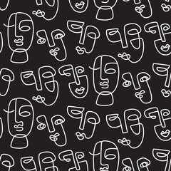 One line drawing women faces seamless pattern