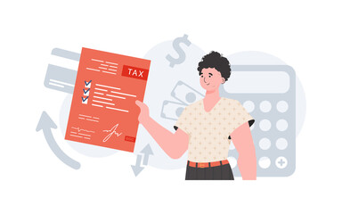 A man stands waist-deep and holds a form of paid taxes in his hands. Taxes. Element for presentation.