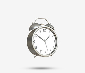 Old table clock 3d icon. 2 Realistic alarm clock. Classic Silver color Table clock with timer. Morning Time management vintage instrument. Two Retro alarm clock front view. 3D Rendered Illustration