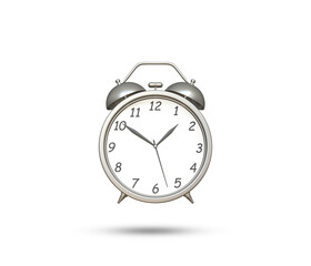Old table clock 3d icon. 2 Realistic alarm clock. Classic Silver color Table clock with timer. Morning Time management vintage instrument. Two Retro alarm clock front view. 3D Rendered Illustration