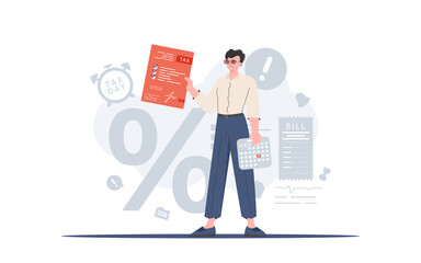 A man stands to his full height and holds a calculator and a tax return. Payment of taxes. Element for presentation.