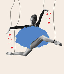 Contemporary art collage with flexible ballerina with drawn doll-puppet body dancing on colored...