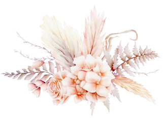 Watercolor wild flowers bouquet with hand painted filed flowers and herbs. Romantic floral arrangement perfect for wedding invitation and stationery