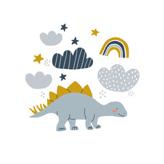 Poster with cute dinosaur, sky, rainbows, stars, clouds on white. Childish design for birthday invitation, poster, clothing, nursery wall art and card