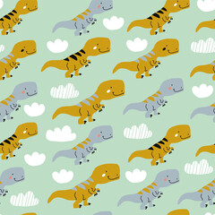 Tyrannosaur with crown. King or queen pink seamless pattern. Green dino with golden crown above. Doodle vector illustration on blue background. Cute dinosaur design for cool girl t-shirt.