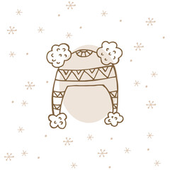 A hand-drawn winter clothing. Vector illustration in doodle style. Winter mood. Hello 2023. Merry Christmas and Happy New Year. Brown hat with ornament and pompon on white background with snowflakes.