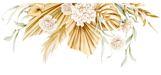 Watercolor gold tropical leaves and pampas grass arrangement. Romantic floral bohemian border