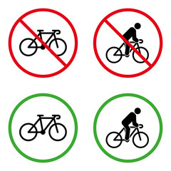Man on Bike Forbidden Pictogram. Permit Cyclist Green Circle Symbol. No Allowed Bicycle Sign. Ban Zone Person Drive Cycle Black Silhouette Icon Set. Prohibited Bike Race. Isolated Vector Illustration